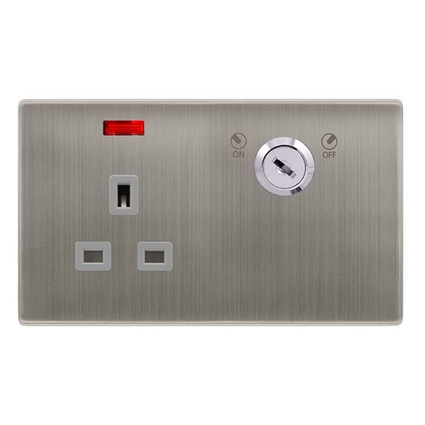 Click SFSS655GY Definity Complete Stainless Steel Screwless 1 Gang 13A 2 Pole Neon Lockable Switched Socket - Grey Insert