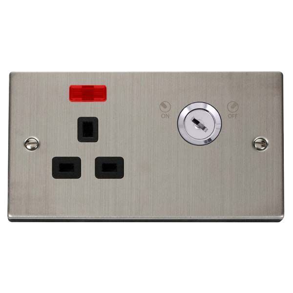 Click VPSS655BK Deco Stainless Steel 1 Gang Double-Plate 13A 2 Pole Neon Lockable Socket - Black Insert