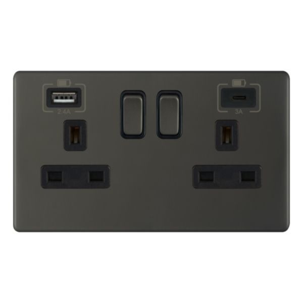 Selectric 5MPLUS-12-63 5M-PLUS Screwless Dark Bronze 2 Gang 13A 1x USB-A 2.4A 1x USB-C 3A Switched Socket