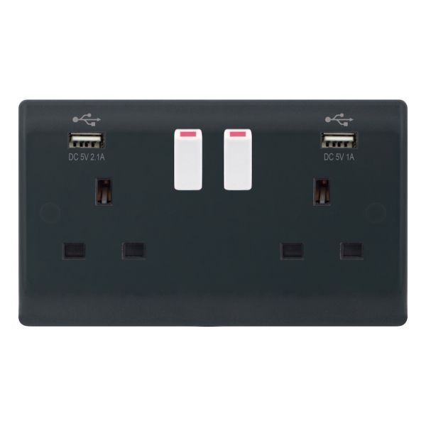 Selectric SSL627 Smooth Part M Grey 2 Gang 13A 1x USB-A 2.1A 1x USB-A 1A Switched Socket