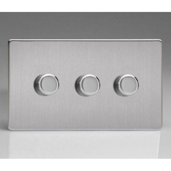 Varilight JDSDP303S Screwless Brushed Steel 3 Gang 120W 2 Way Push On-Off Rotary LED Dimmer Switch