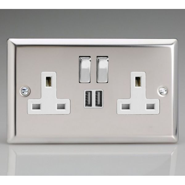 Varilight XC5U2SDW Classic Mirror Chrome 2 Gang 13A 2x USB-A 2.1A Switched Socket - Chrome Switch White Insert