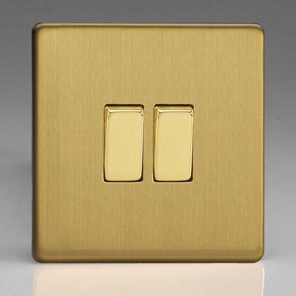 Varilight XDB2S Screwless Brushed Brass 2 Gang 10A 1- or 2-Way Rocker Switch