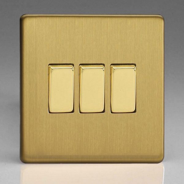 Varilight XDB3S Screwless Brushed Brass 3 Gang 10A 1- or 2-Way Rocker Switch