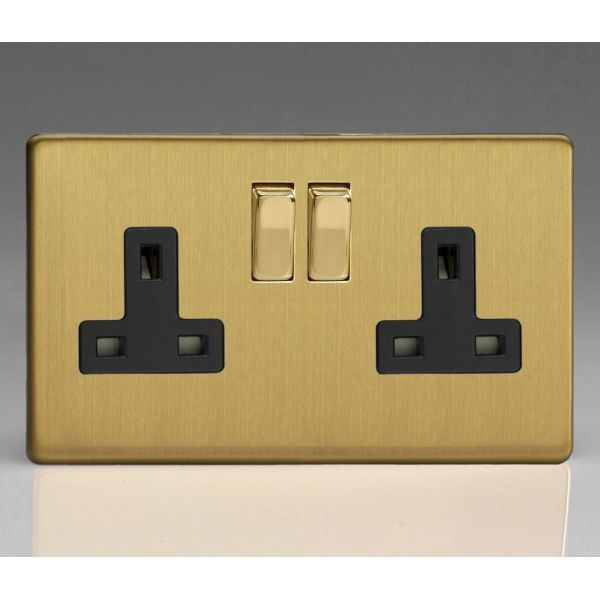 Varilight XDB5BS Screwless Brushed Brass 2 Gang 13A Double Pole Switched Socket - Black Insert