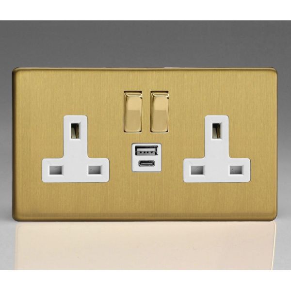 Varilight XDB5UACWS Screwless Brushed Brass 2 Gang 13A 1x USB-A 1x USB-C PD 20W Switched Socket - White Insert