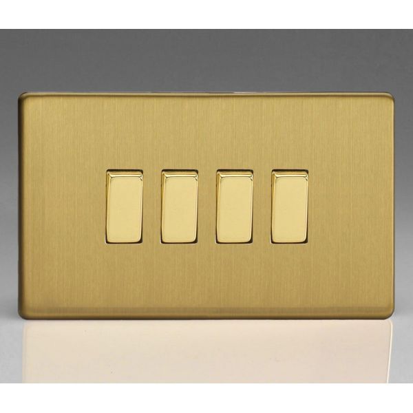 Varilight XDB9S Screwless Brushed Brass 4 Gang 10A 1- or 2-Way Twin Plate Rocker Switch