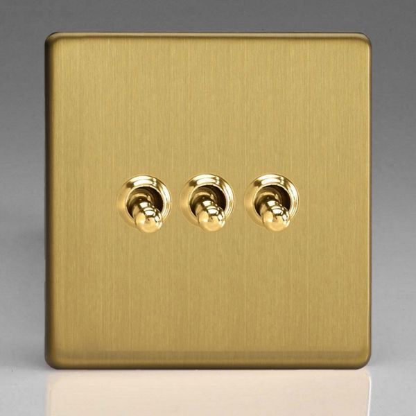 Varilight XDBT3S Screwless Brushed Brass 3 Gang 10A 1- or 2-Way Toggle Switch