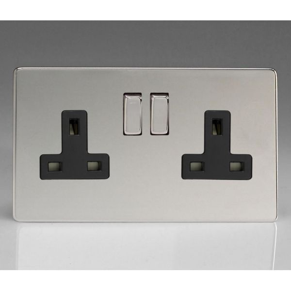 Varilight XDC5BS Screwless Polished Chrome 2 Gang 13A Double Pole Switched Socket - Black Insert