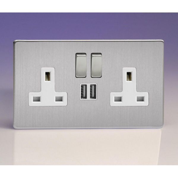 Varilight XDS5U2SWS Screwless Brushed Steel 2 Gang 13A 2x USB-A 2.1A Switched Socket - White Insert