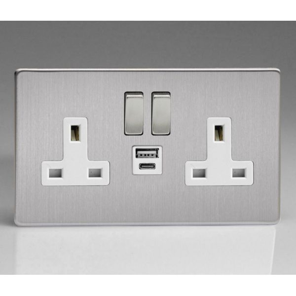 Varilight XDS5UACWS Screwless Brushed Steel 2 Gang 13A 1x USB-A 1x USB-C PD 20W Switched Socket - White Insert