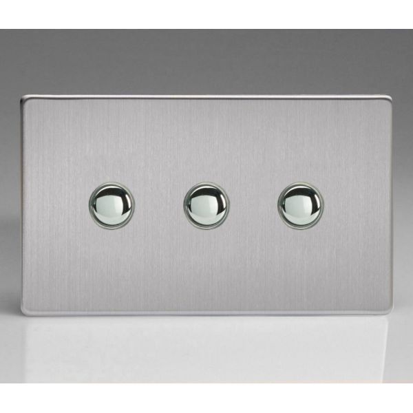 Varilight XDSP3S Screwless Brushed Steel 3 Gang 6A 1- or 2-Way Push On-Off Impulse Switch