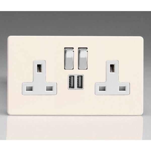 Varilight XDY5U2SWS.PD Screwless Primed 2 Gang 13A 2x USB-A 2.1A Switched Socket - White Insert Chrome Switch