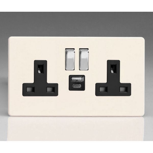 Varilight XDY5UACBS.PD Screwless Primed 2 Gang 13A 1x USB-A 1x USB-C PD 20W Switched Socket - Black Insert Chrome Switch