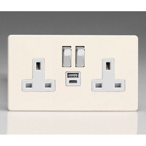 Varilight XDY5UACWS.PD Screwless Primed 2 Gang 13A 1x USB-A 1x USB-C PD 20W Switched Socket - White Insert Chrome Switch