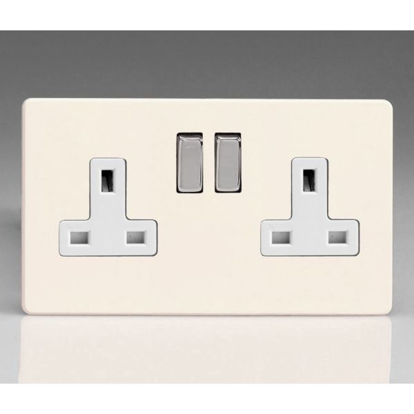 Varilight XDY5WS.PD Screwless Primed 2 Gang 13A Double Pole Switched Socket - White Insert Chrome Switch