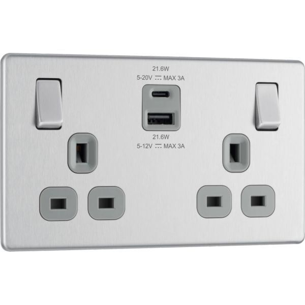 BG Electrical FBS22UAC22G Nexus Flatplate Screwless Brushed Steel 2 Gang 13A 1x USB A 1x USB C 22W Switched Socket - Grey Insert 